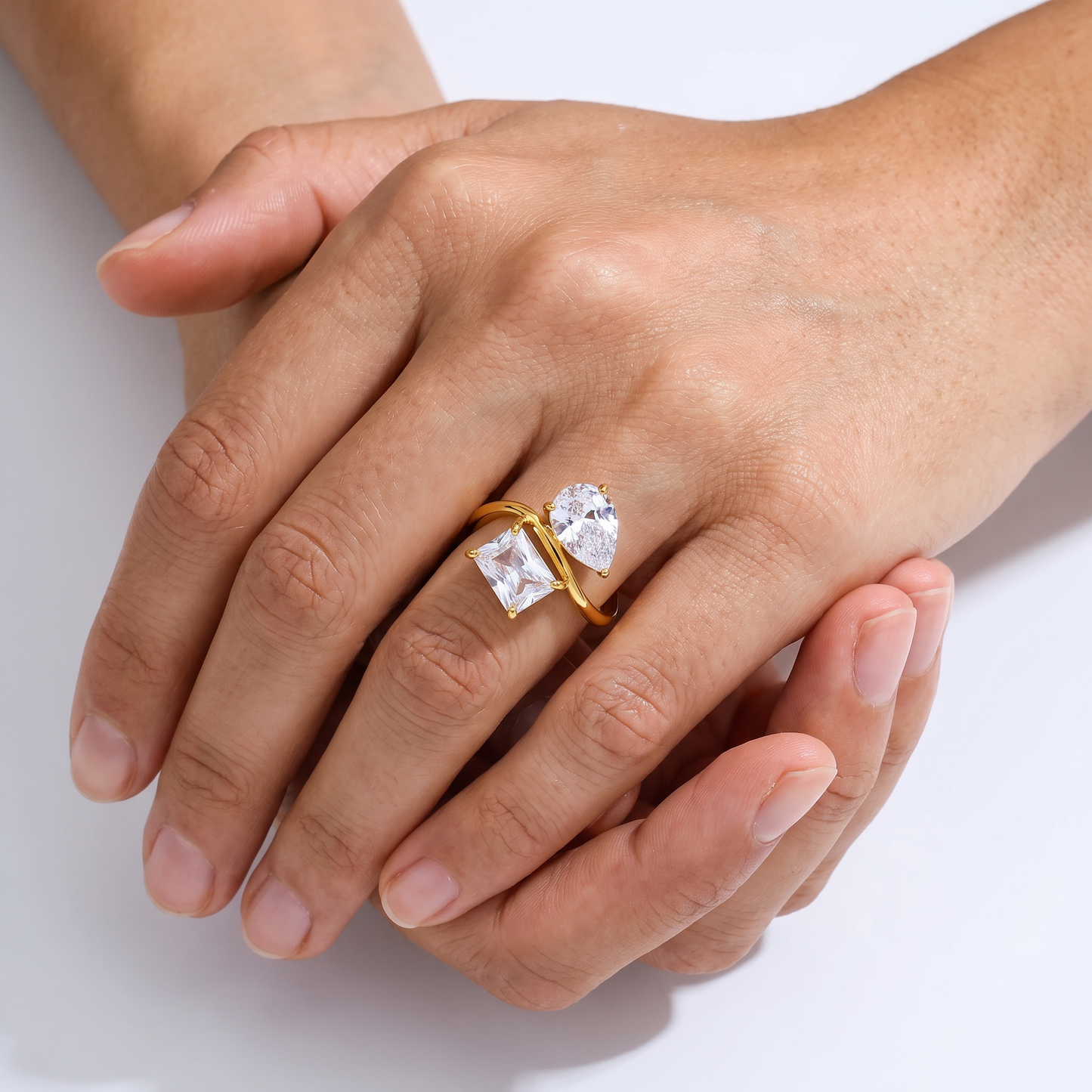 Sunoire trendy fashion ring with water drop rectangle zircon 18k gold plated high end stainless steel for gift 02 model wearing gold