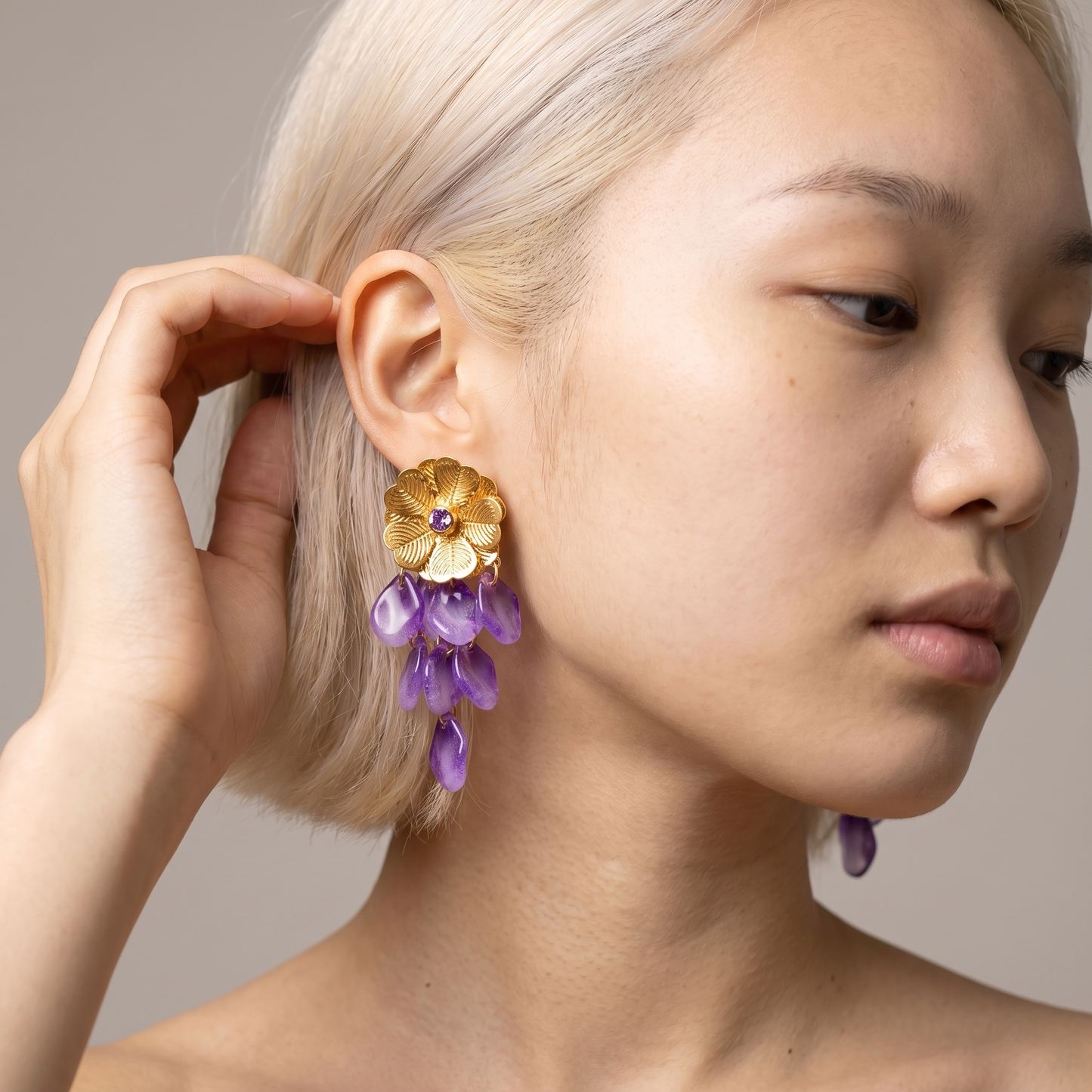 Lara Purple Floral Earrings - model wearing