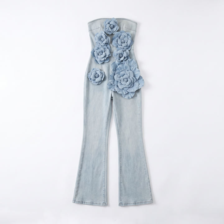 3D Floral Strapless Denim Jumpsuit, flat lay