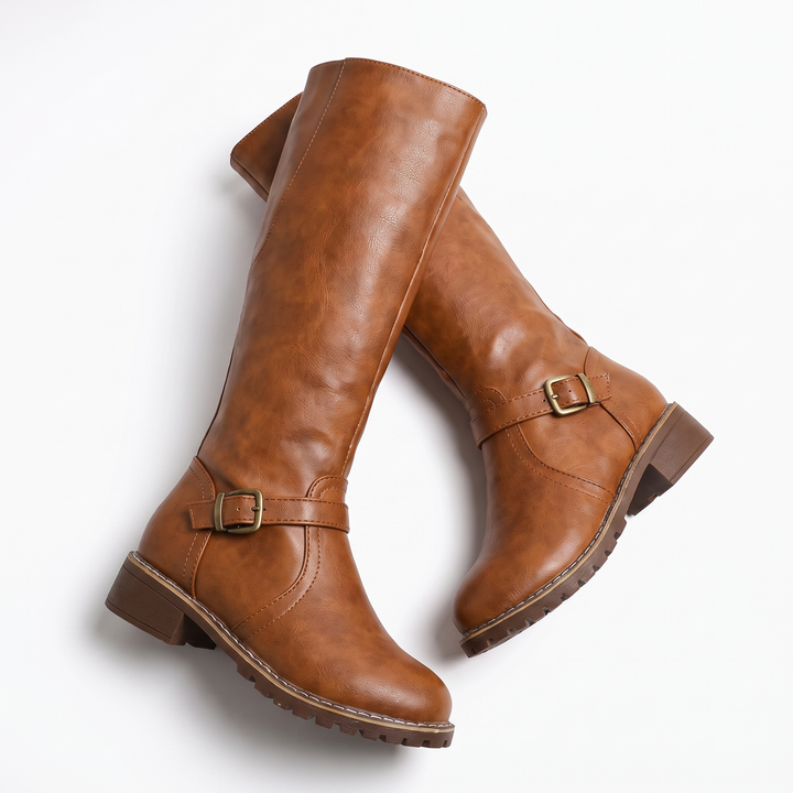 Sunoire olivia womens knee high buckle strap riding leather boots 04 pair flatlay brown
