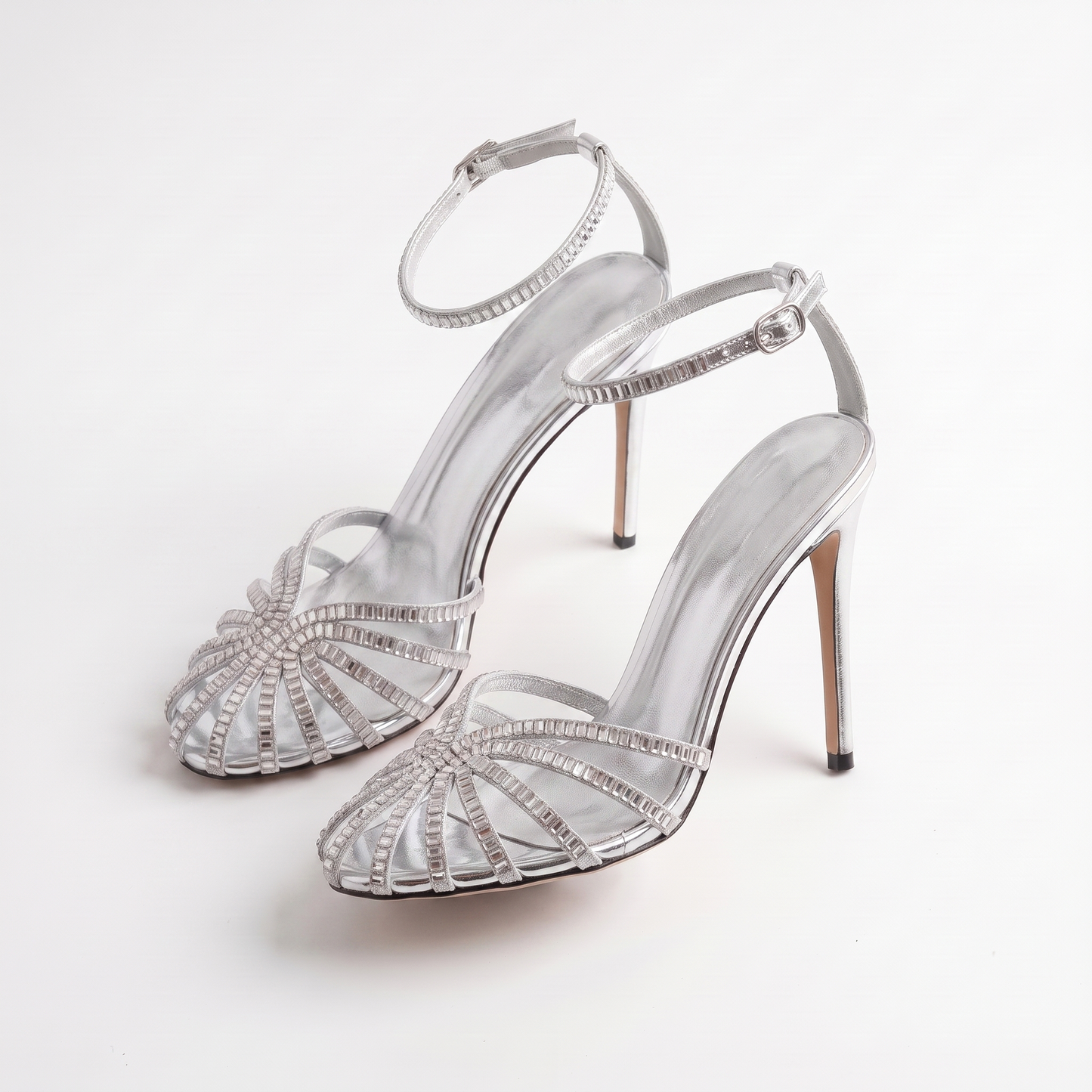 Sunoire foot covered rhinestones 2026 summer new round toe cutout stiletto sandals banquet heels 05 colorway silver