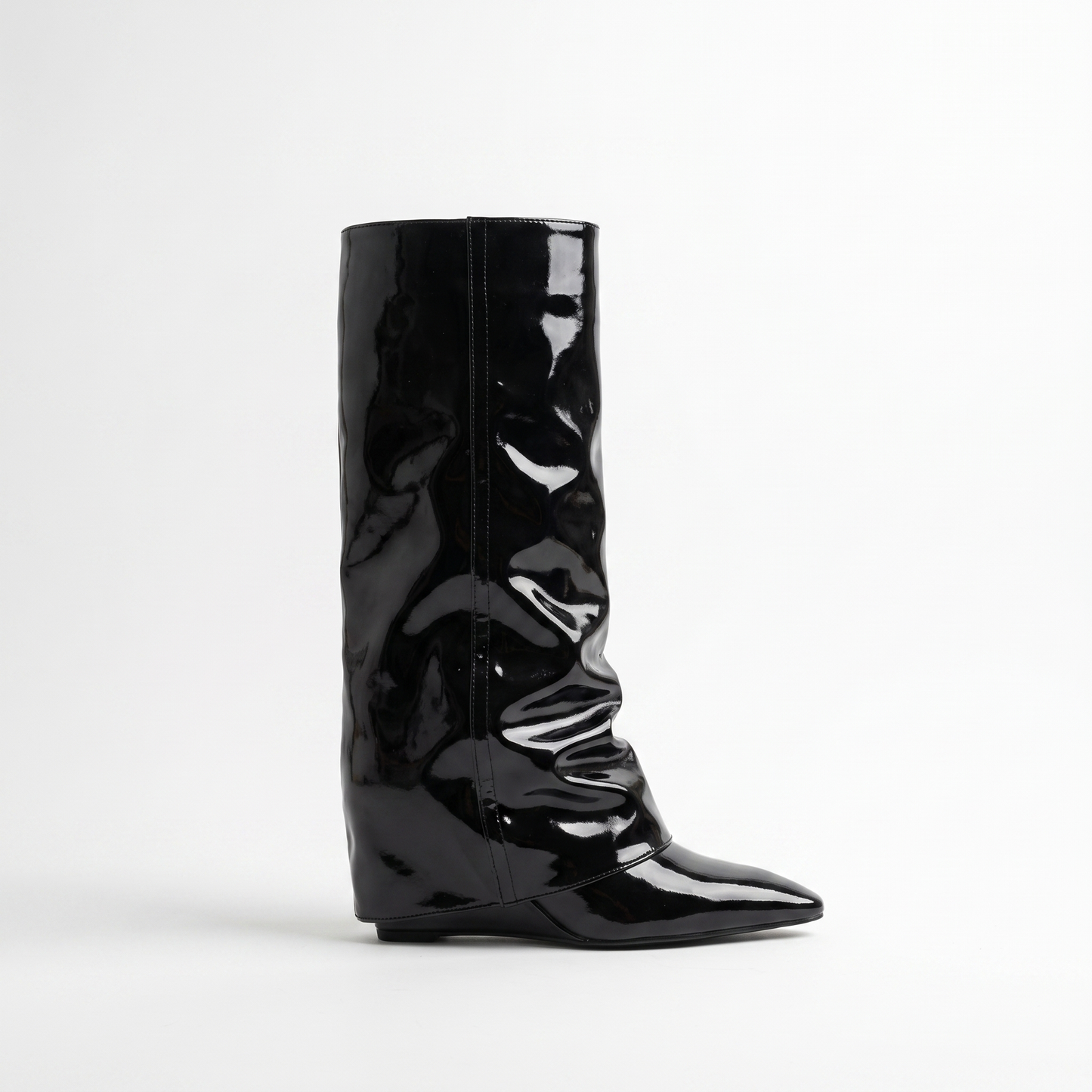 Sunoire 2025 glossy patent knee high boots women s pointed toe stiletto equestrian boots edgy high shine riding boots 05 lateral profile black patent