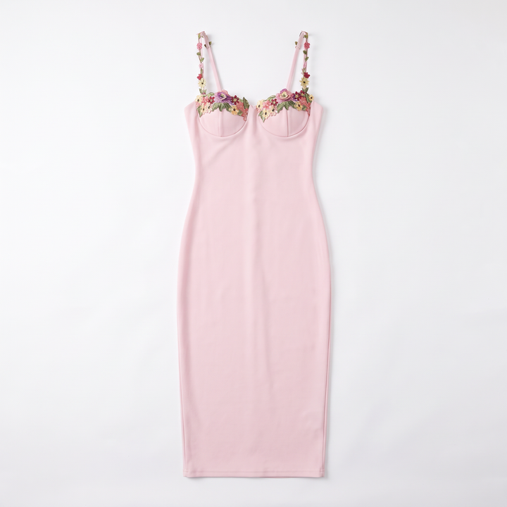 Women's Floral Appliqué Sweetheart Midi Dress, flat lay