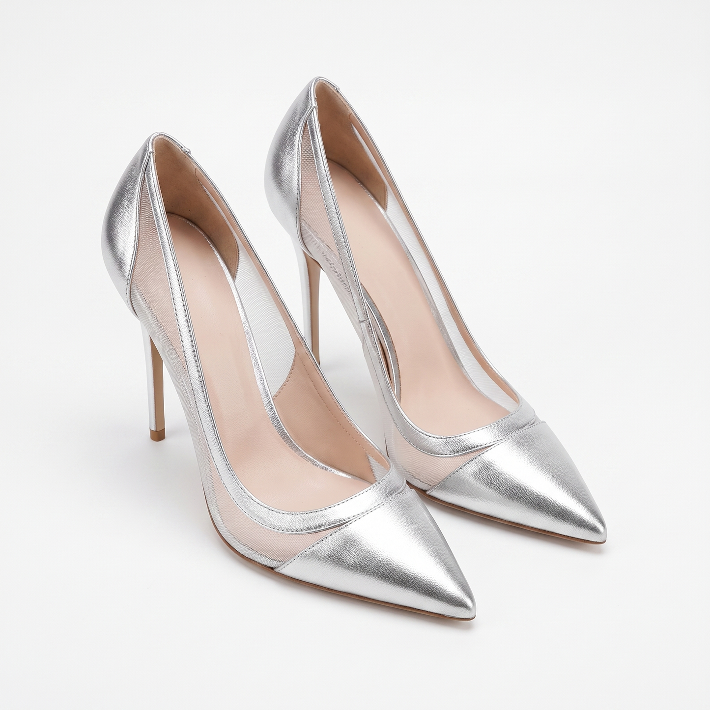 Sunoire spring new splicing mesh silver high heels women s pointed head light mouth temperament thin heel shoes 07 pair flatlay silver