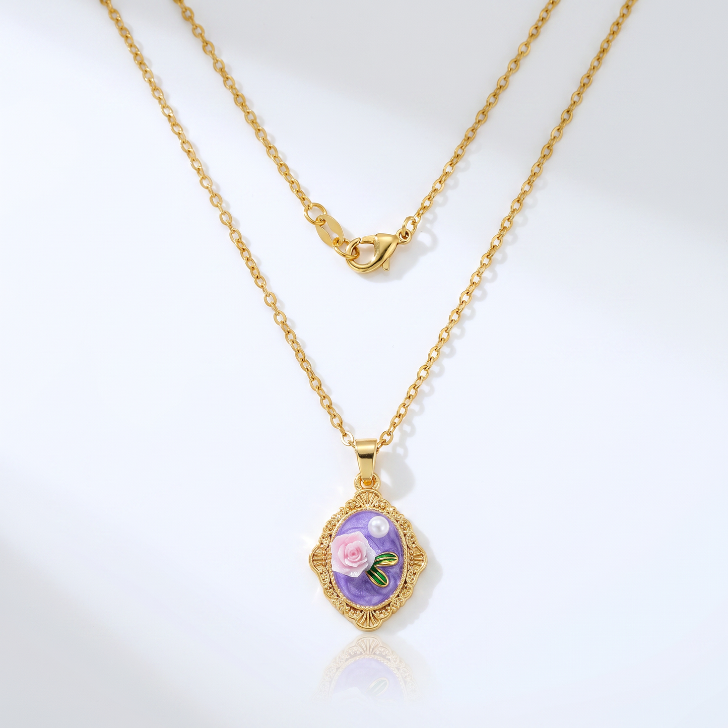 Sunoire dropshipping products wholesale fashion pearl flower transparent gold plated enamel pendant necklace jewelry sets for women 09 flatlay rose purple