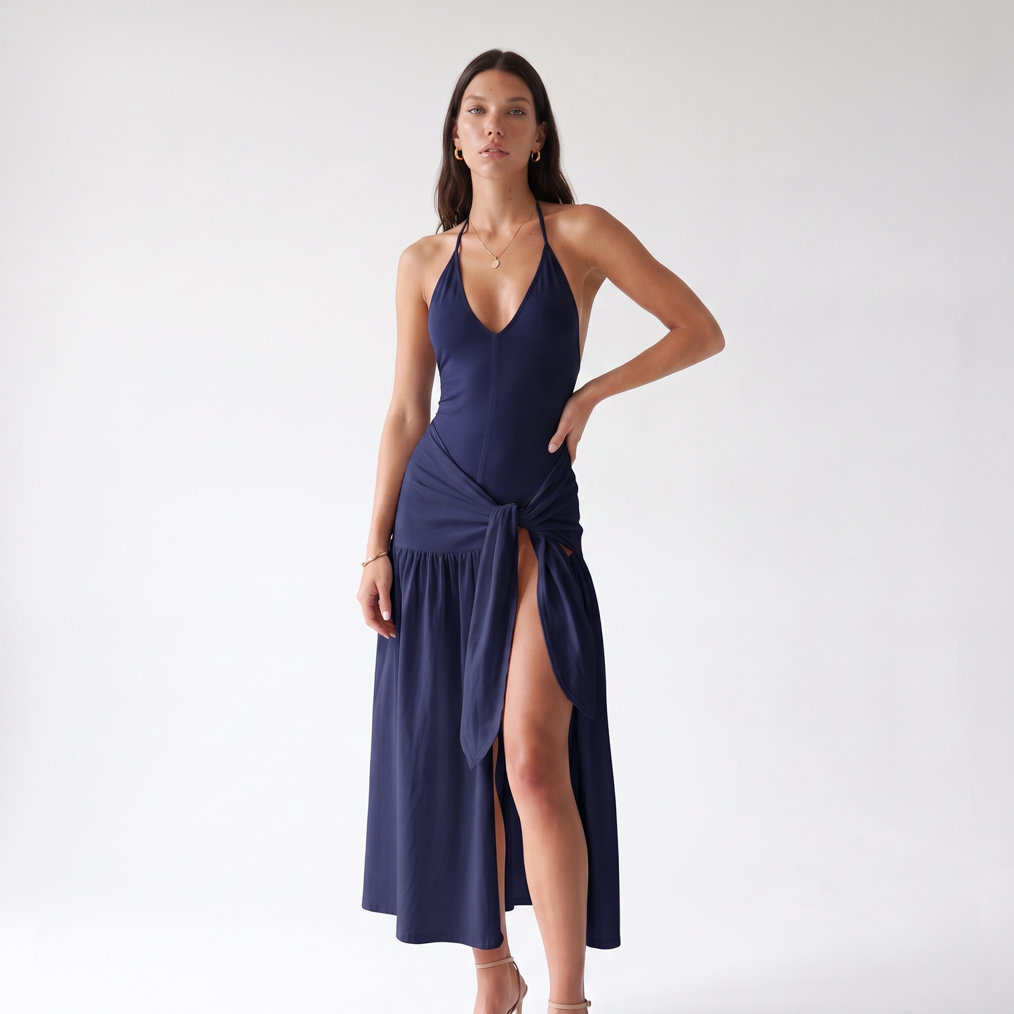 Sunoire 1 moq sexy v neck elegant backless slit skirt casual bodycon jumpsuit and skirt women set colorway navy front hero 01