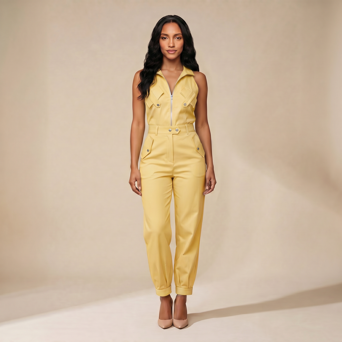 Sunoire 2 pieces outfits sleeveless high neck cargo pockets design top and casual cuffed long pants set colorway yellow front hero 01