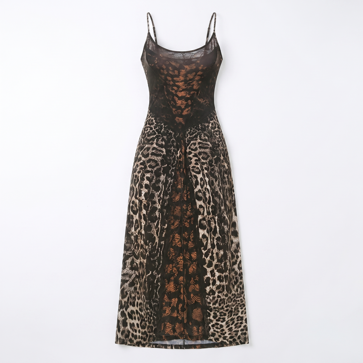 Sunoire 2025 new arrivals draped backless leopard print tie back sleeveless slim fit long maxi dress garment flatlay 01