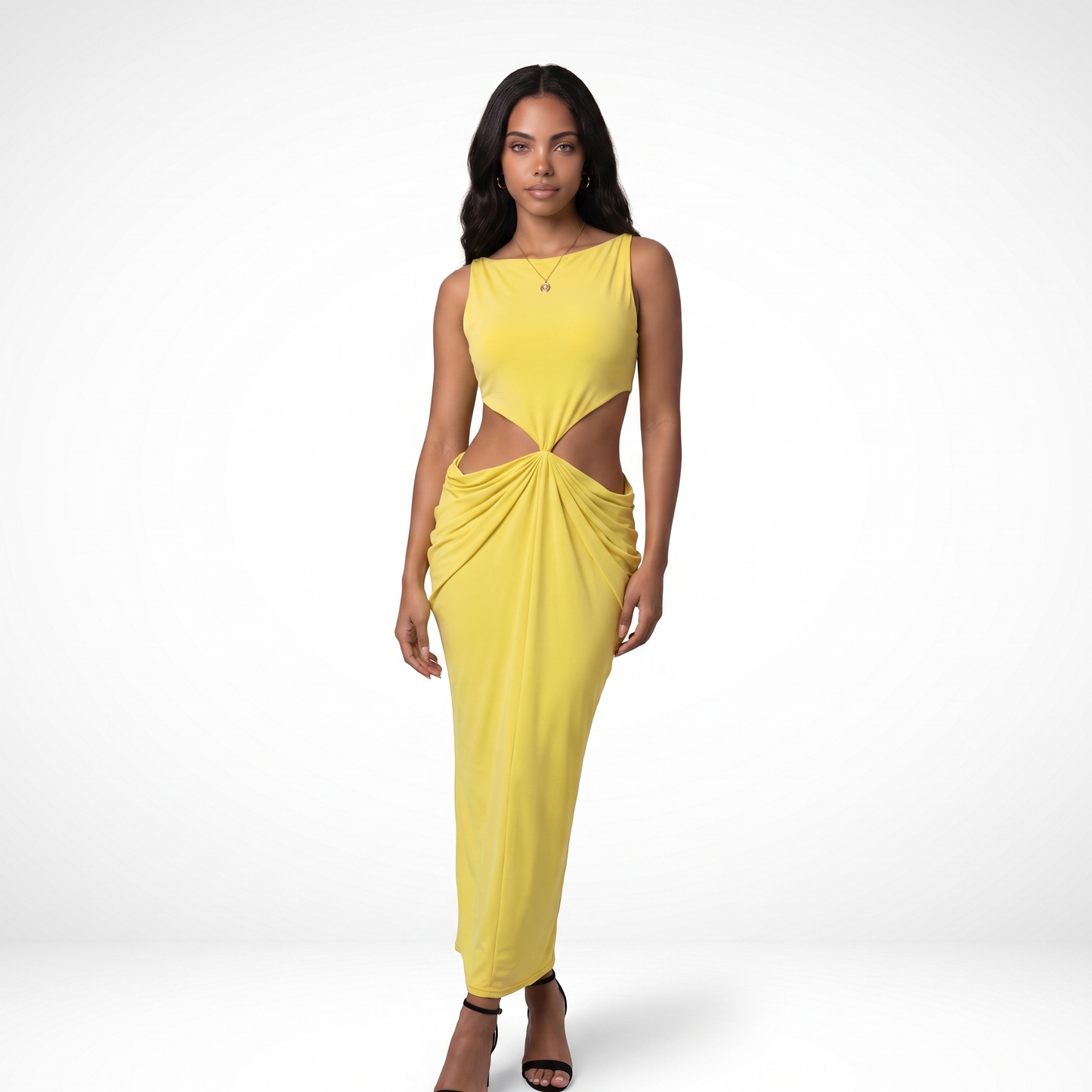 Sunoire 2026 summer collection sleeveless pleated backless elegant halter sexy slim women midi dress colorway yellow front hero 01