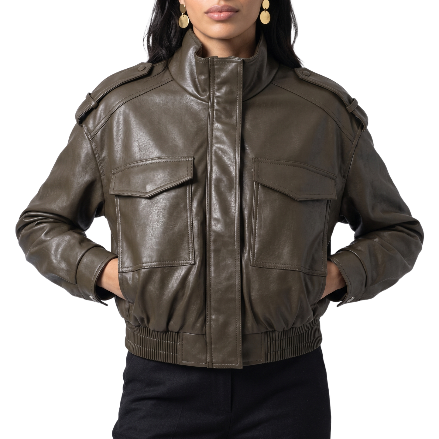 Sunoire abigail structured womens cropped bomber jacket with faux leather and ribbed cuffs torso crop 01