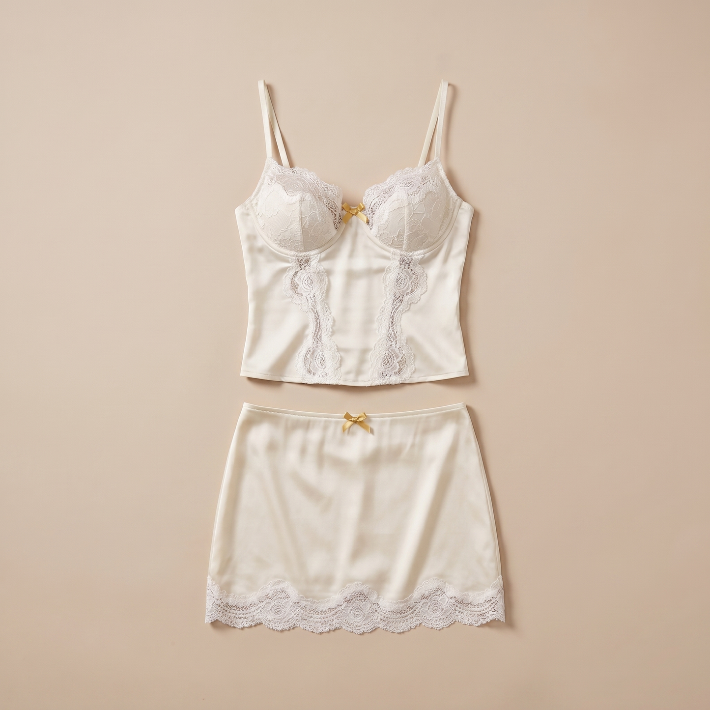 Sunoire adele lace satin strappy skirt set garment flatlay 01