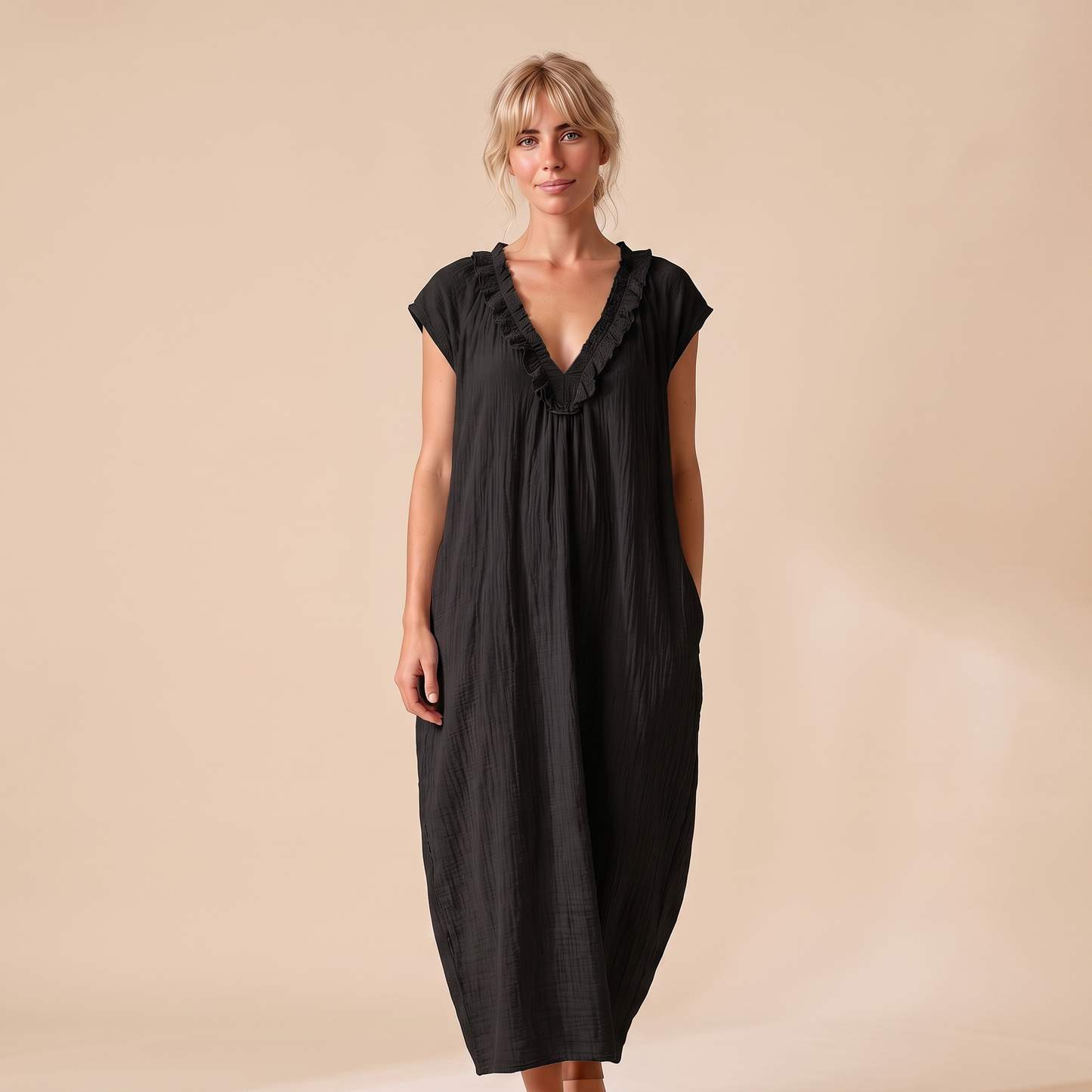 Sunoire adele ruffle v neck maxi dress colorway black front hero 01