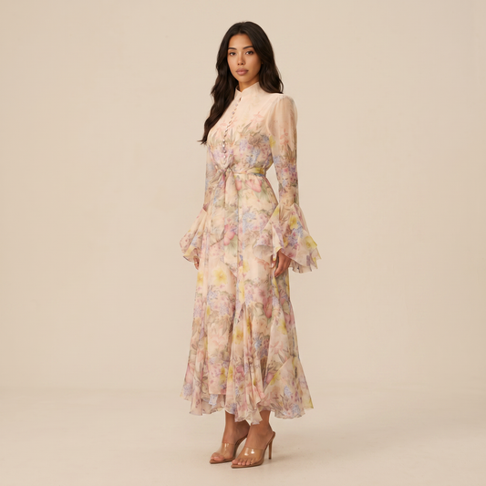 Sunoire alessia floral print ruffle cuff maxi dress three quarter 01