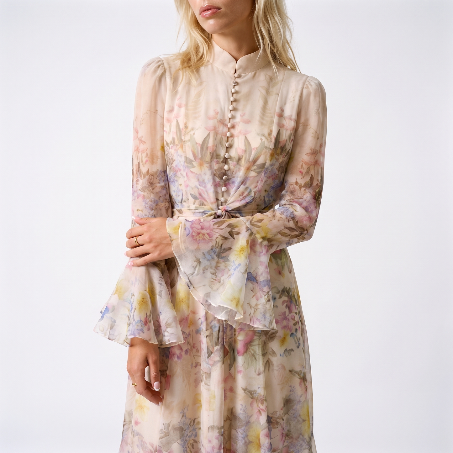 Sunoire alessia floral ruffle cuff maxi dress torso crop 01