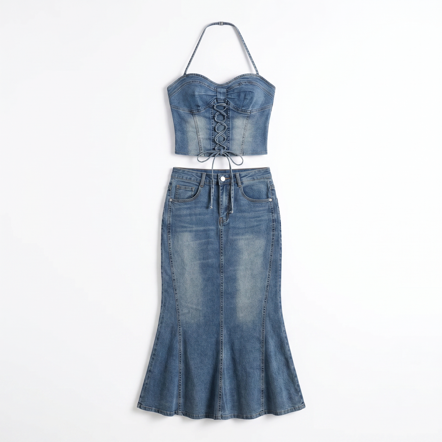 Sunoire aroven halterneck lace up denim skirt set mannequin blue 01