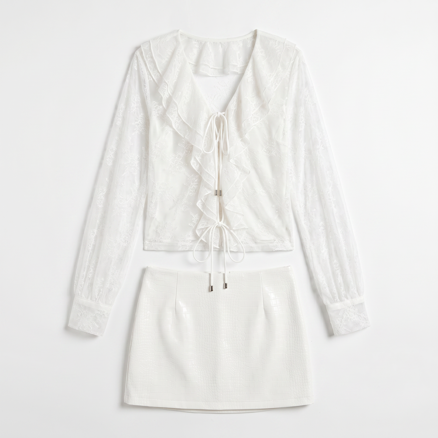 Sunoire aulithra v neck ruffle lace skirt set mannequin white 01