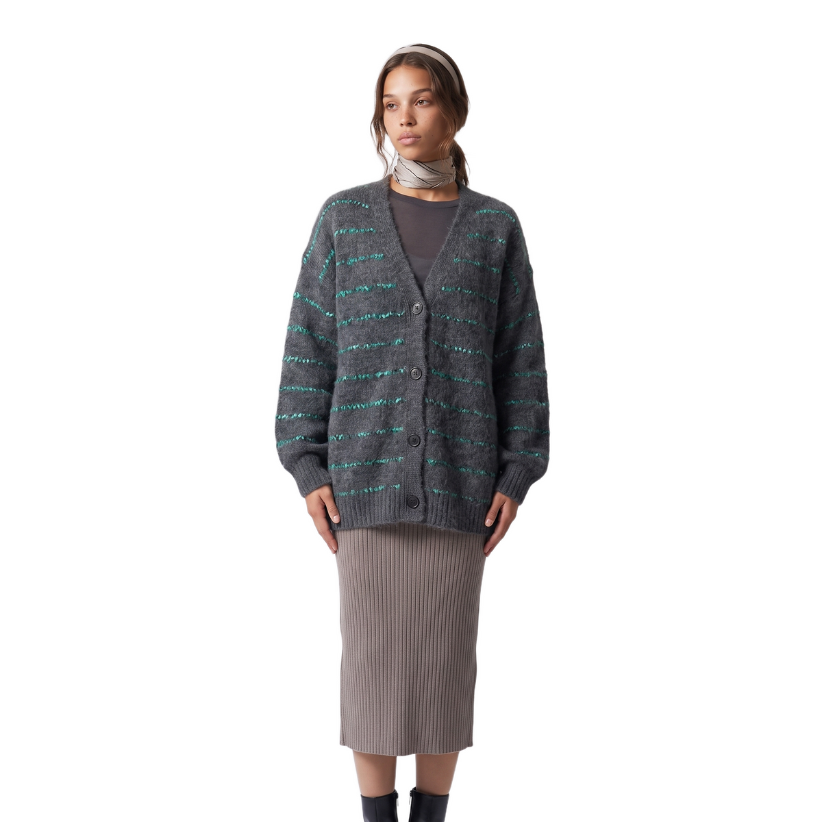 Sunoire autumn winter new retro fashion loose striped plus size button v neck acrylic full sleeve knitted cardigan coat sweater top colorway gray front hero 01