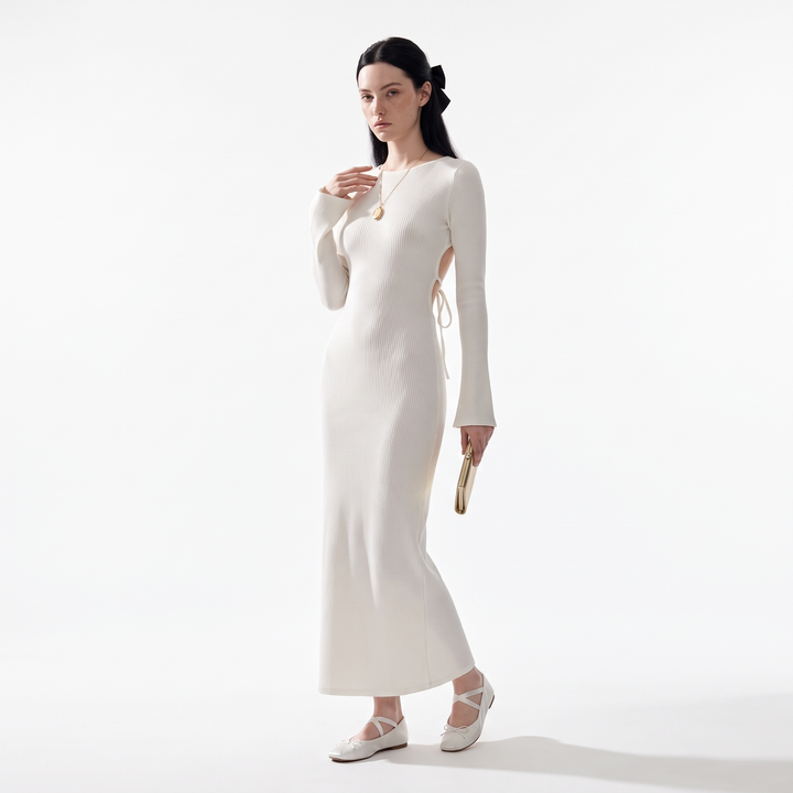 Women's Long Sleeve Knit Column Maxi Dress, Crew Neck Wedding Guest Dress, Front