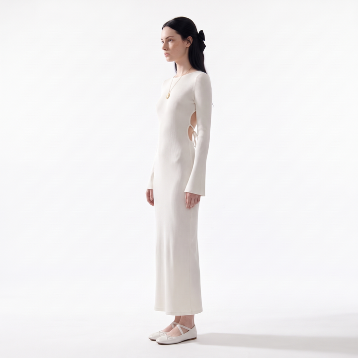 Women's Long Sleeve Knit Column Maxi Dress, Crew Neck Wedding Guest Dress, Side