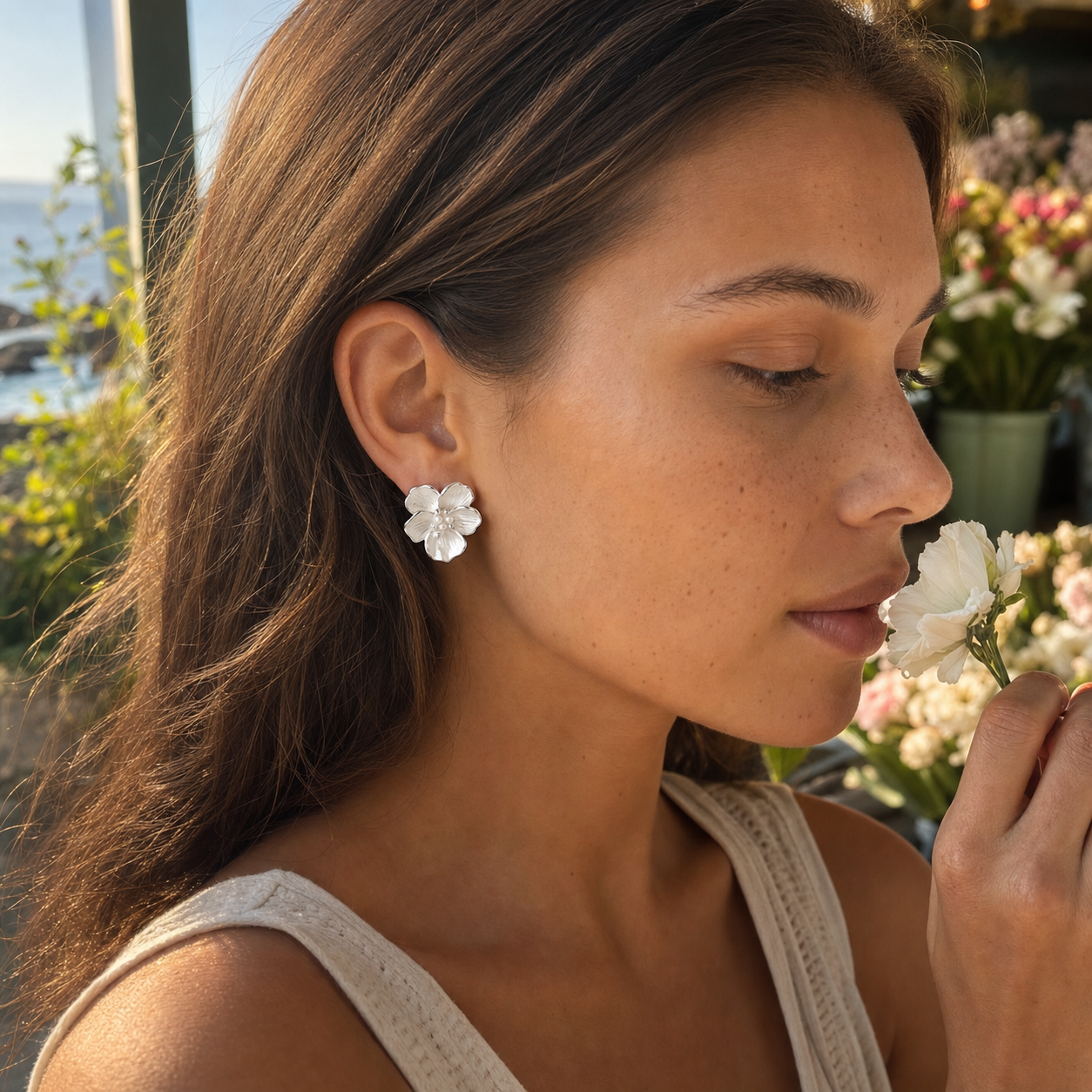 Avital White Floral Earrings — lifestyle photo