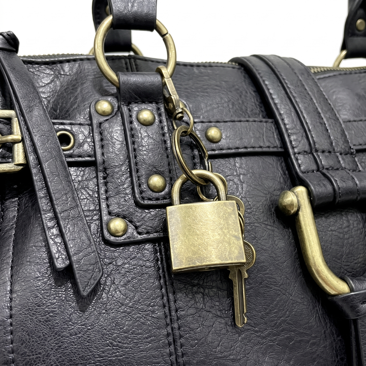 Women's Faux Leather Padlock Bowling Bag, padlock close-up