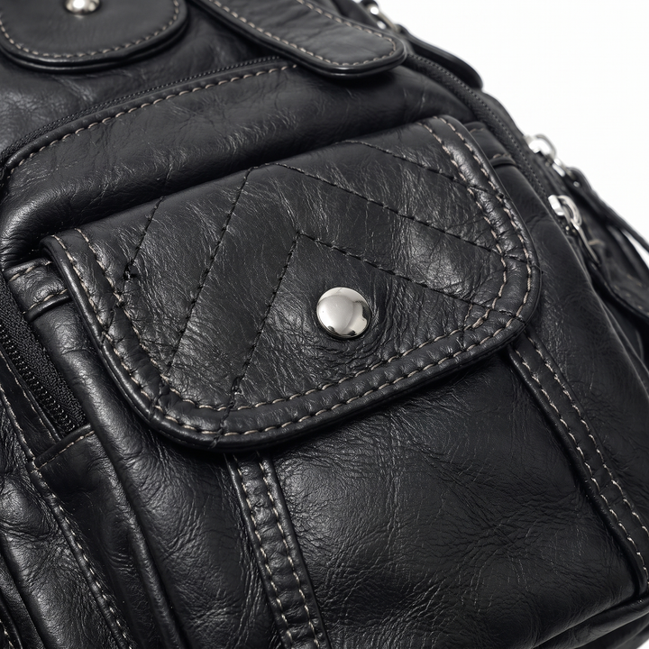 Women's Washed Faux Leather Pocket Shoulder Bag, quilted pocket close-up
