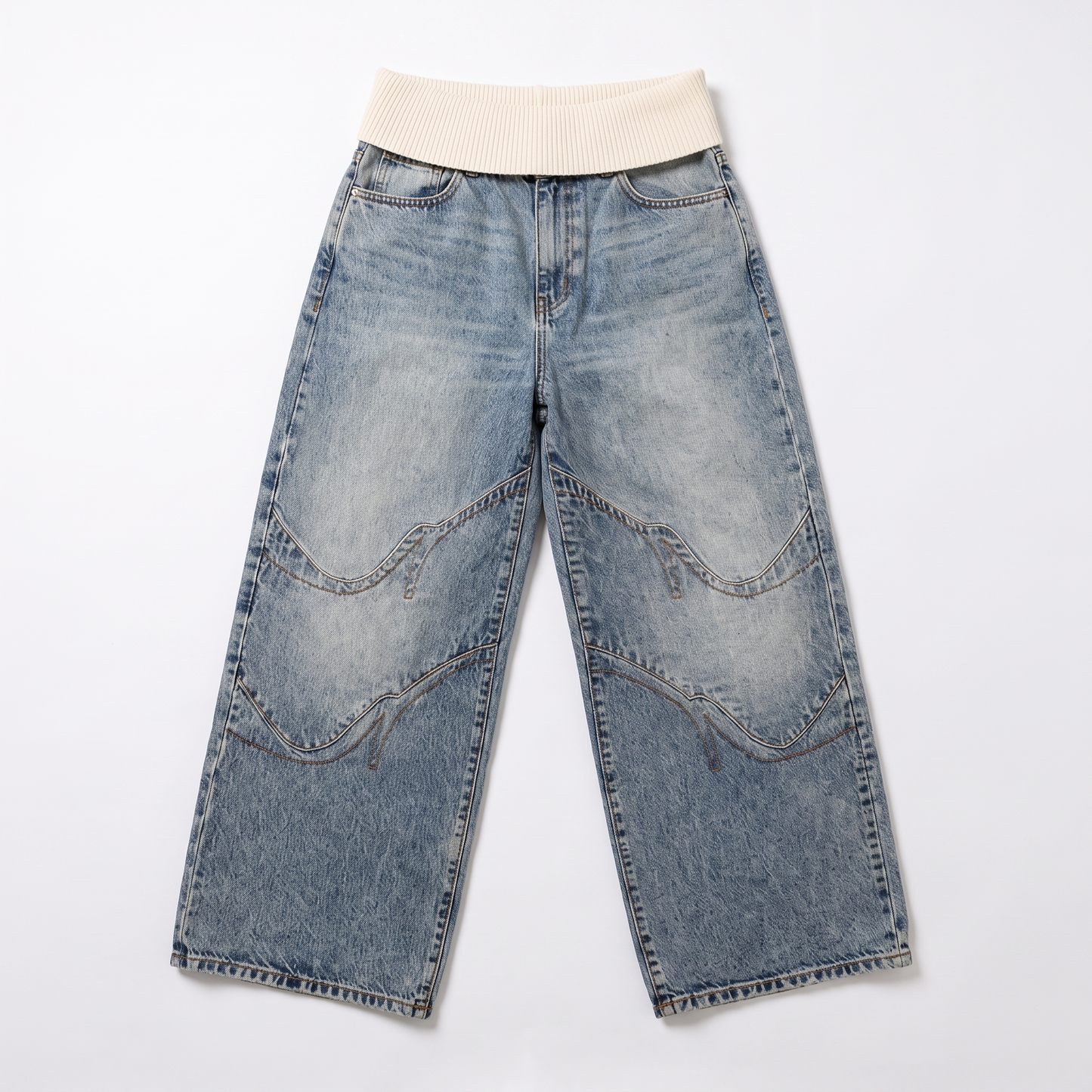 Sunoire baggy wide leg jeans ribbed waistband urban style garment flatlay 01
