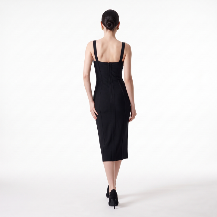 Women's Lace Overlay Sweetheart Corset Midi Dress, Black Cocktail Party Dress, Back