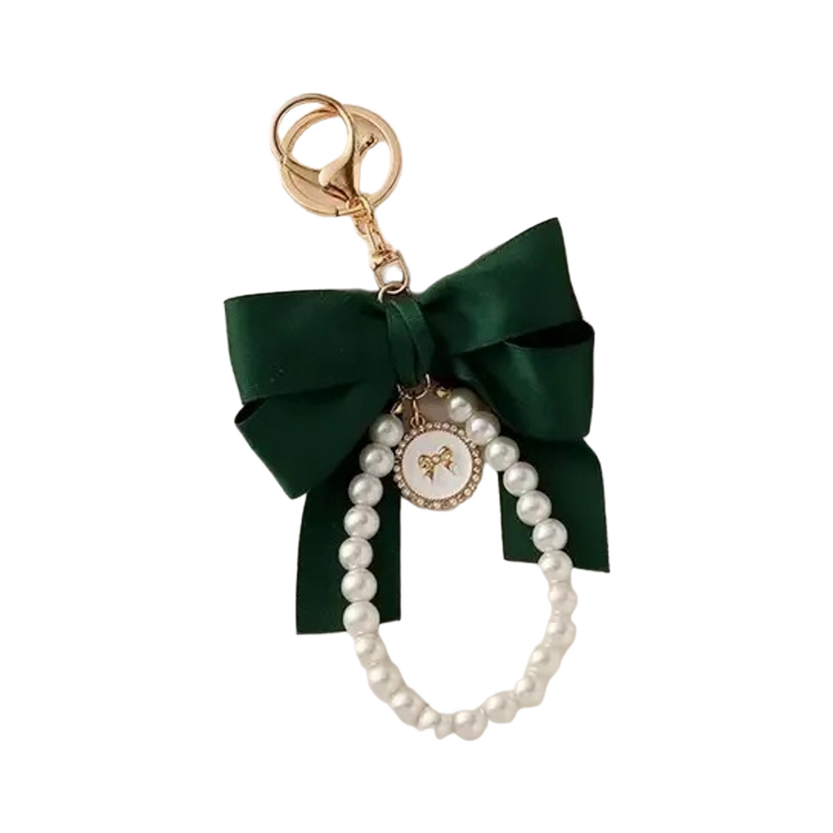 Green ribbon bow bag charm with a faux pearl loop and gold clasp