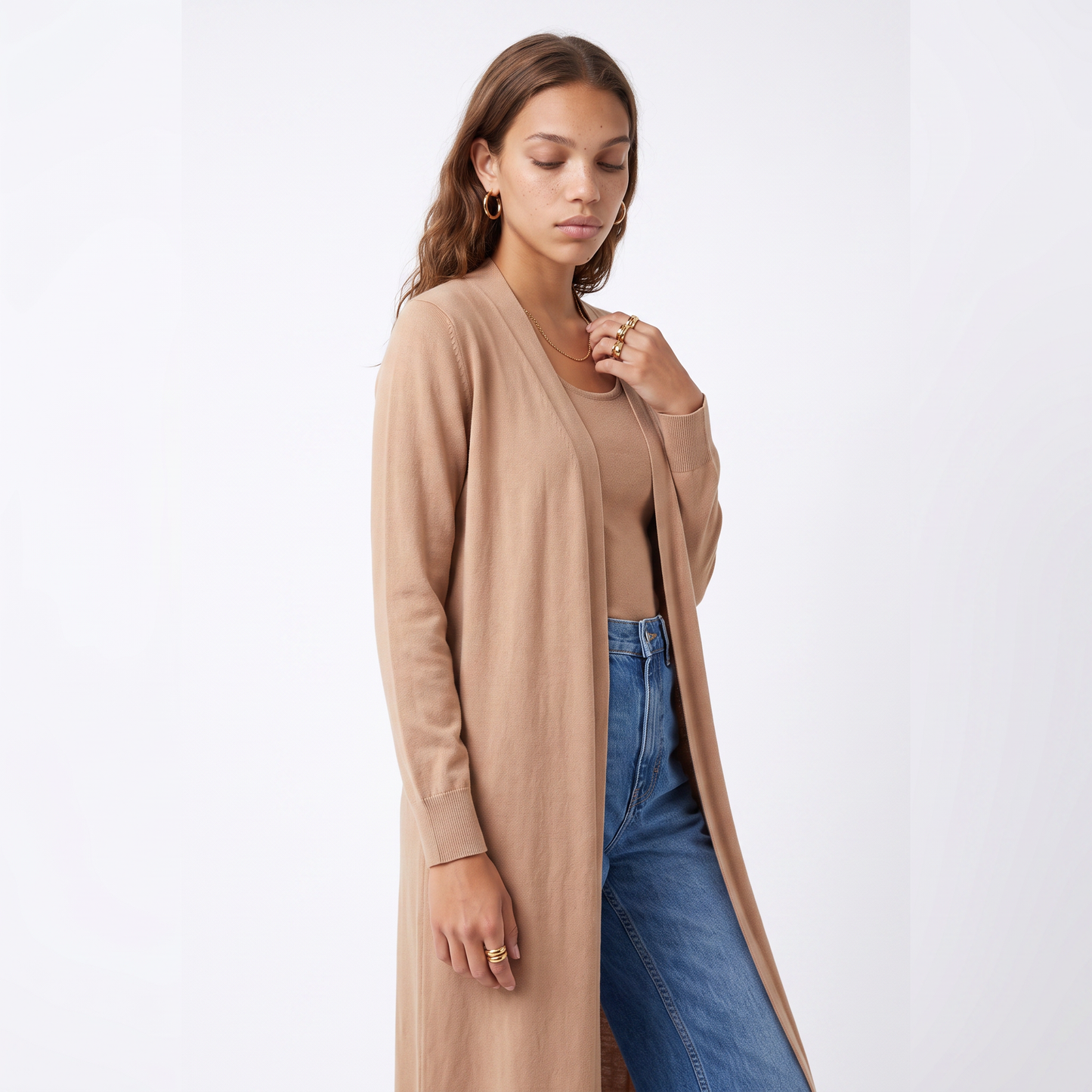 Sunoire camel longline open front cardigan past knee top crop 3q 01