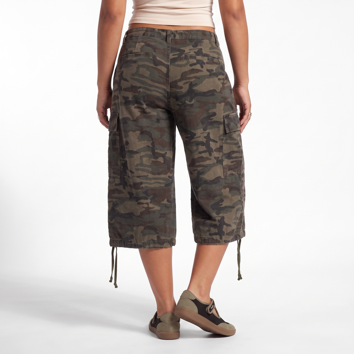 Camo Print Drawstring Cargo Shorts, Baggy Knee Length Casual Shorts, Back