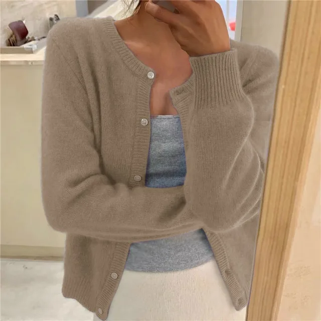 Emma | Cardigan Soft Knit Button Front Round Neck for Women in Khaki