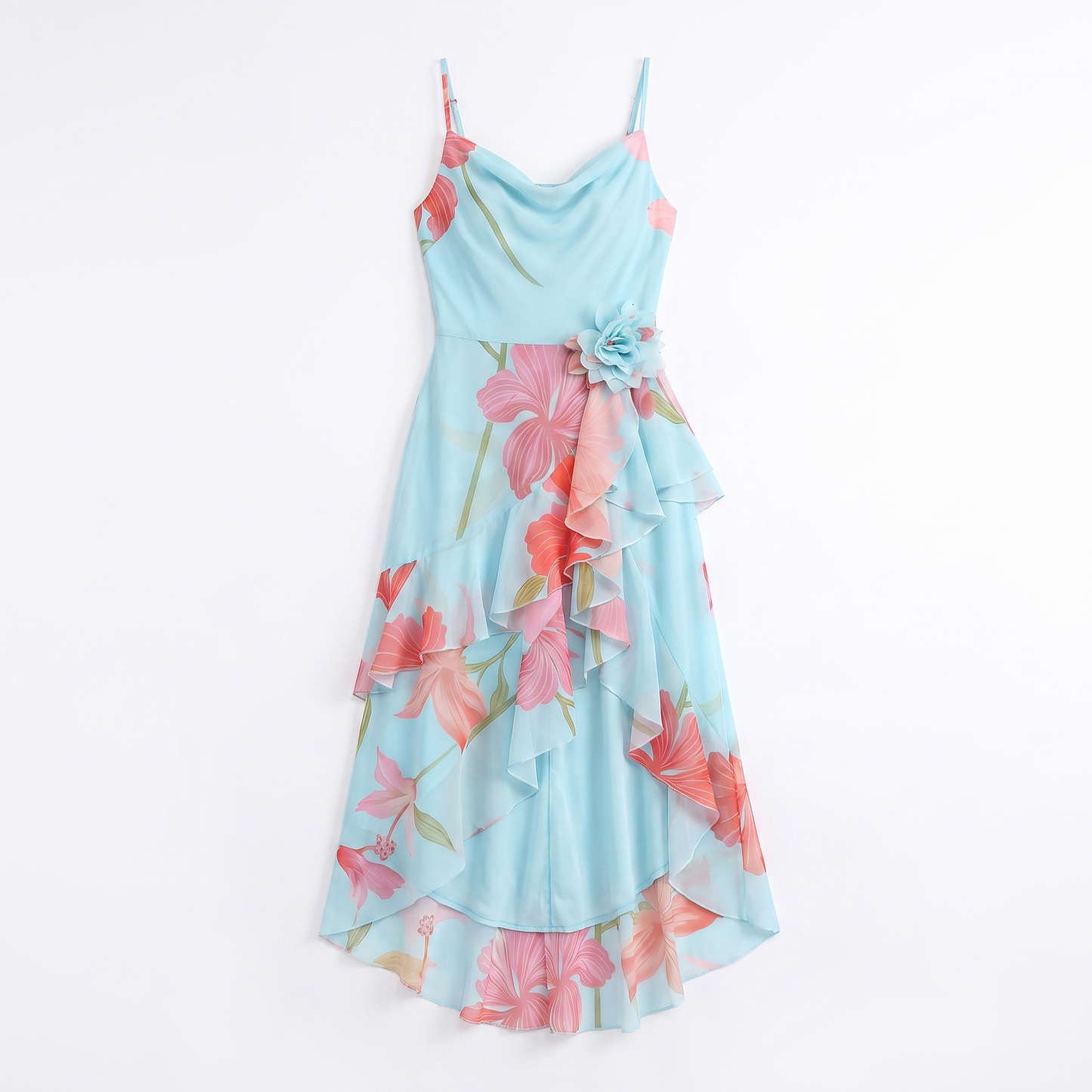 Sunoire charming sexy sleeveless spaghetti strap floral printed long dress women summer backless holiday runway evening party dresses garment flatlay 01
