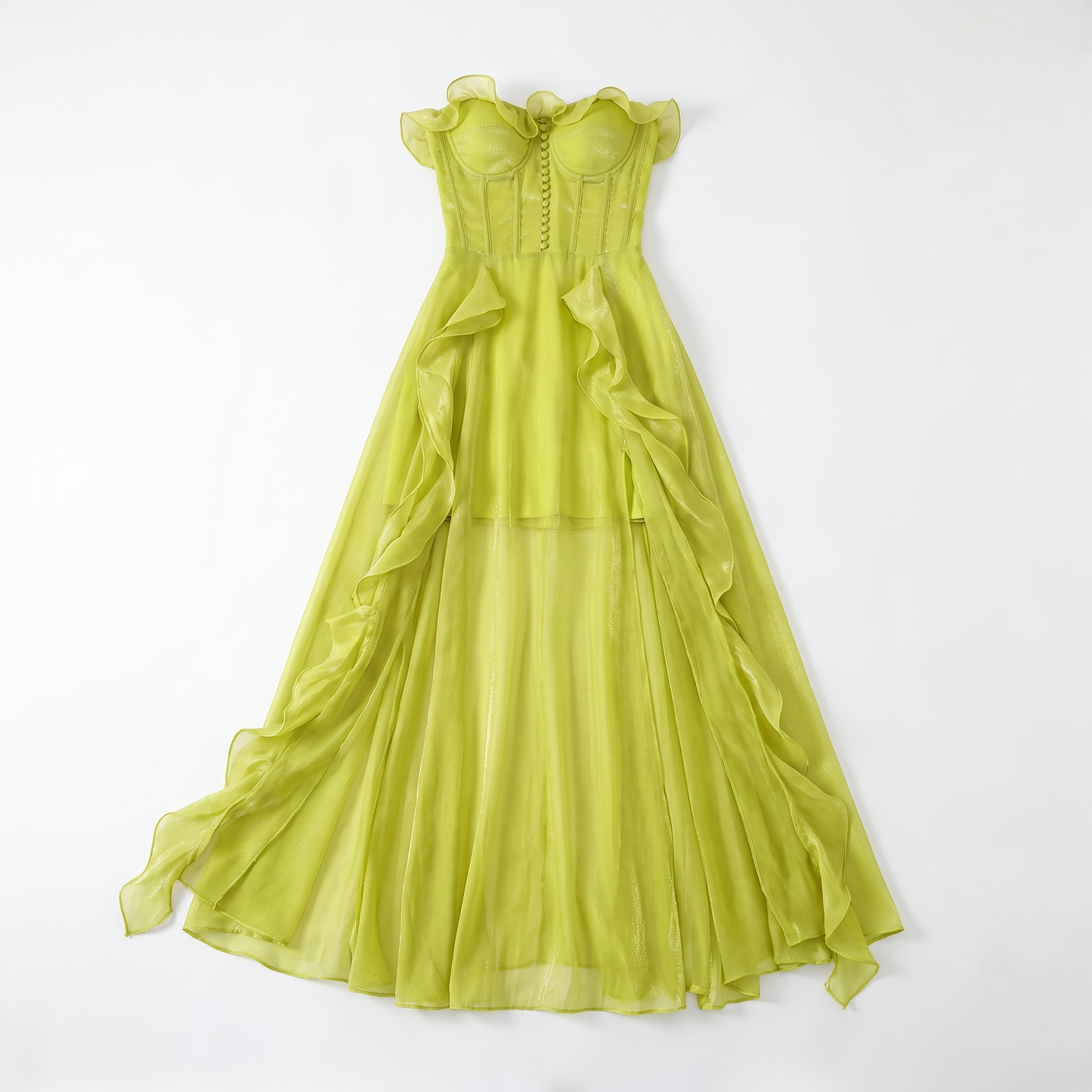 Sunoire clara mesh ruched strapless maxi dress garment flatlay 01