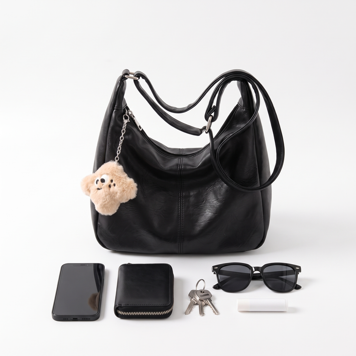 Slouchy Faux Leather Charm Hobo Bag, what fits inside