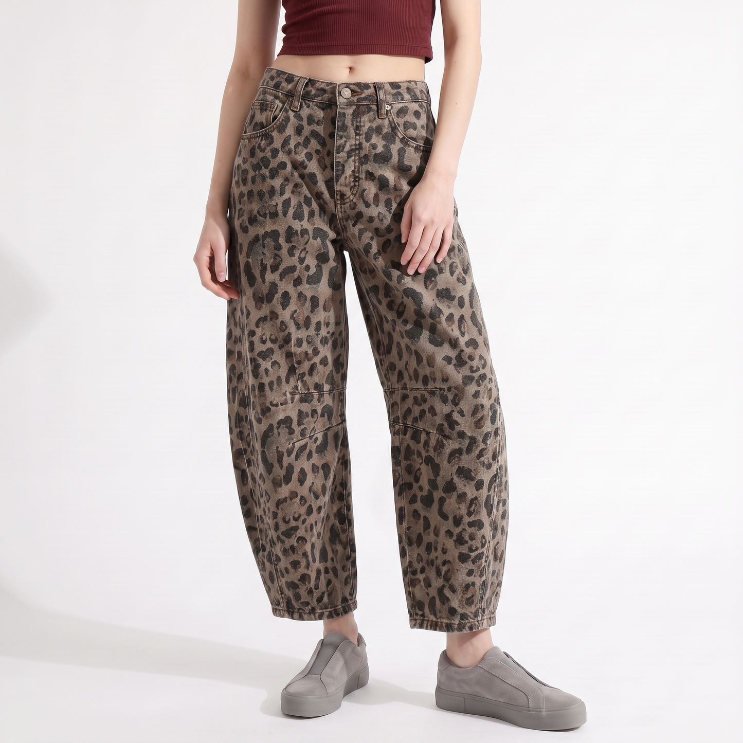 Sunoire wide-leg barrel cargo jeans Leopard print colorway front crop