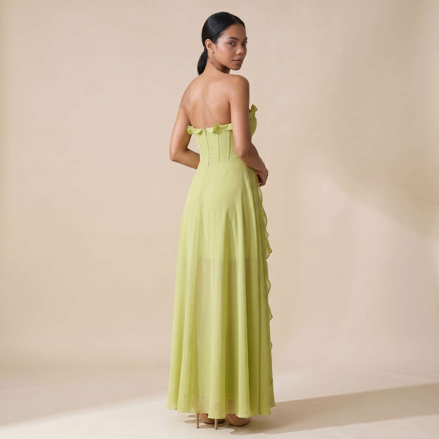 Sunoire craven strapless ruched mesh maxi dress back view 01