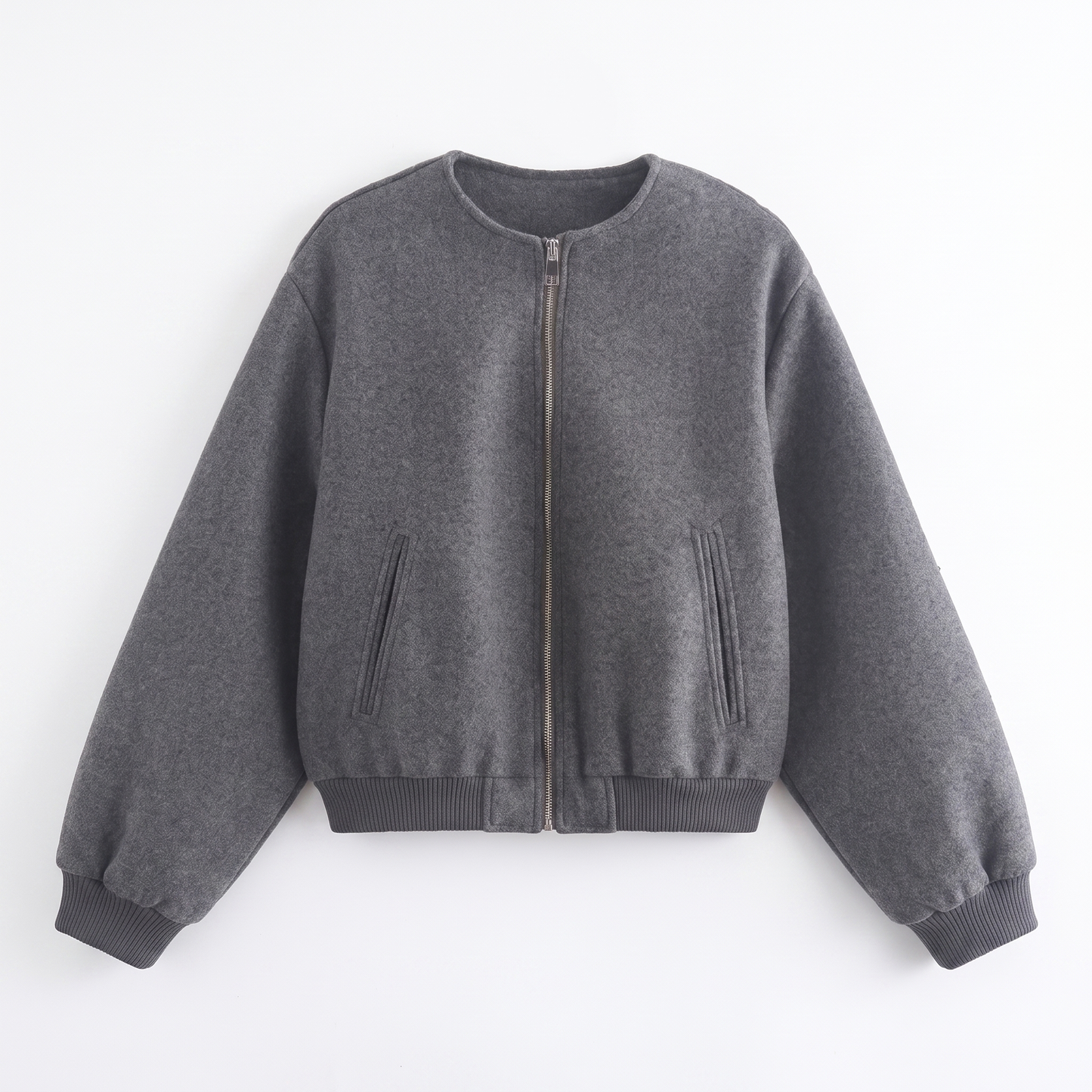 Sunoire cropped relaxed fit zip up bomber jacket with elasticated hem and cuffs garment flatlay 01