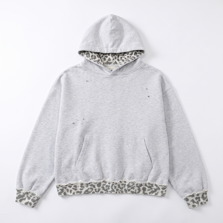 Sunoire custom leopard patch pocket hoodie vintage acid wash sun faded heavyweight 420gsm french terry drop shoulder casual women hoodie garment flatlay 01
