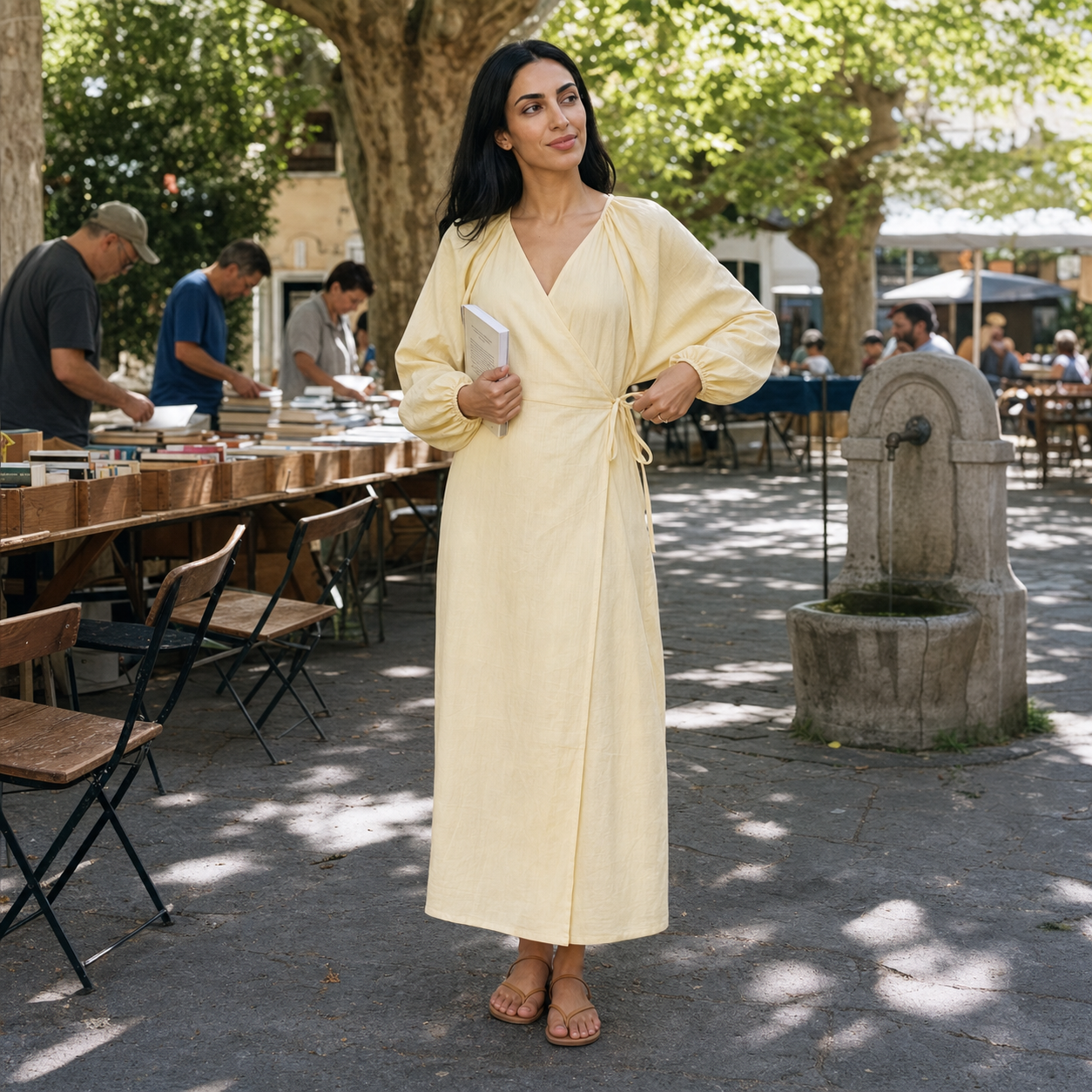 Balloon Sleeve V-Neck Wrap Maxi Dress – Summer Vacation Sundress — lifestyle photo