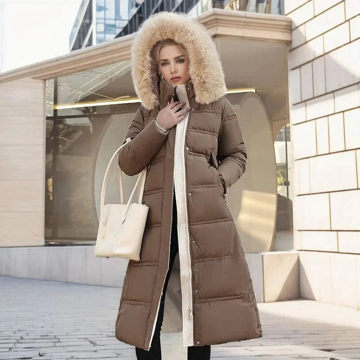 Designer winter parka with fur hood in Brown and Beige, another view
