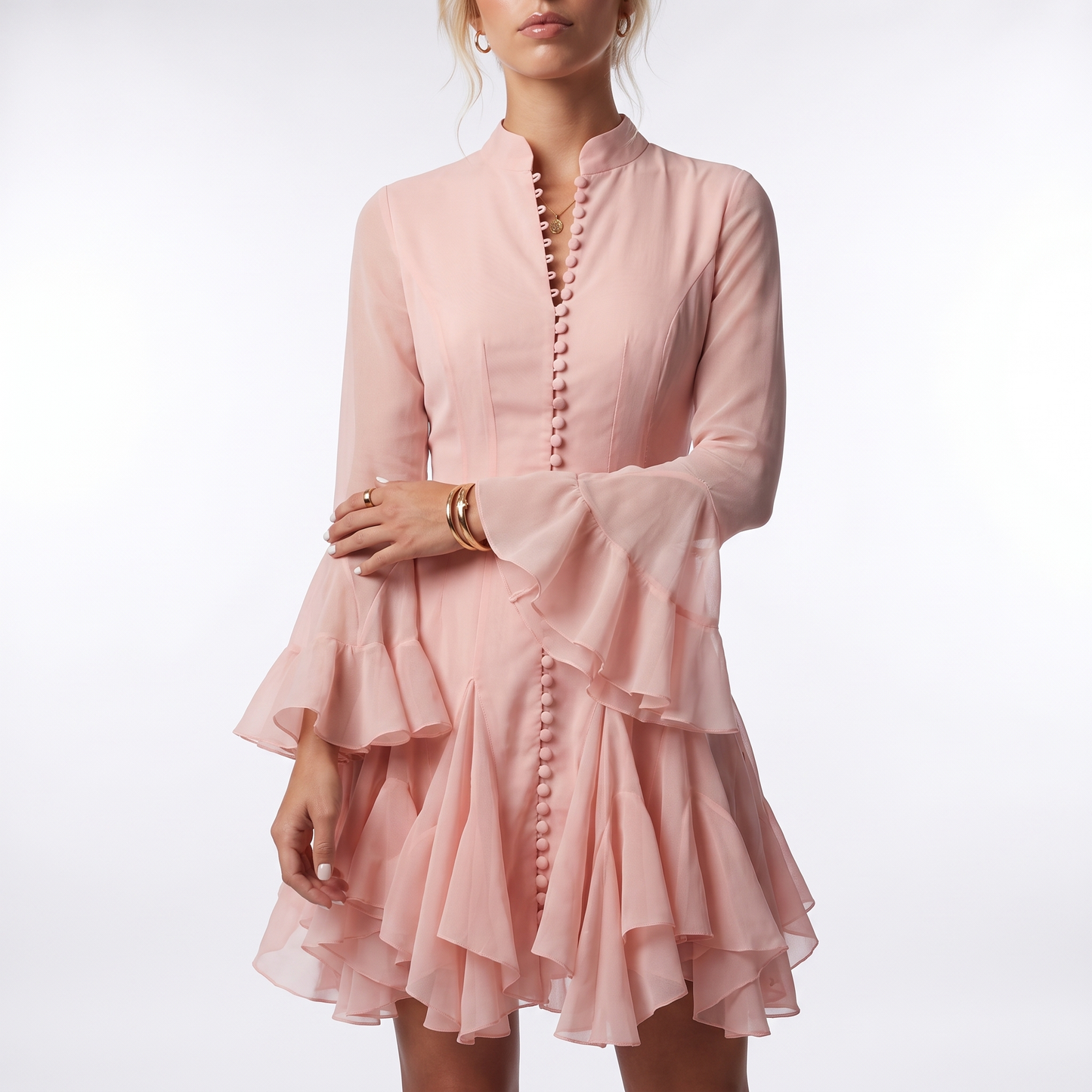 Sunoire dresses women lady elegant chic ruffle hem dress for women high neck long sleeve high end waist defining elegant dress torso crop 01