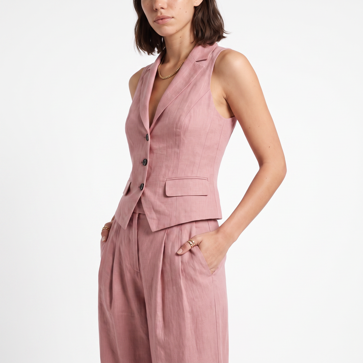 Sunoire elegant linen style waistcoat and wide leg trouser two piece set torso crop 01