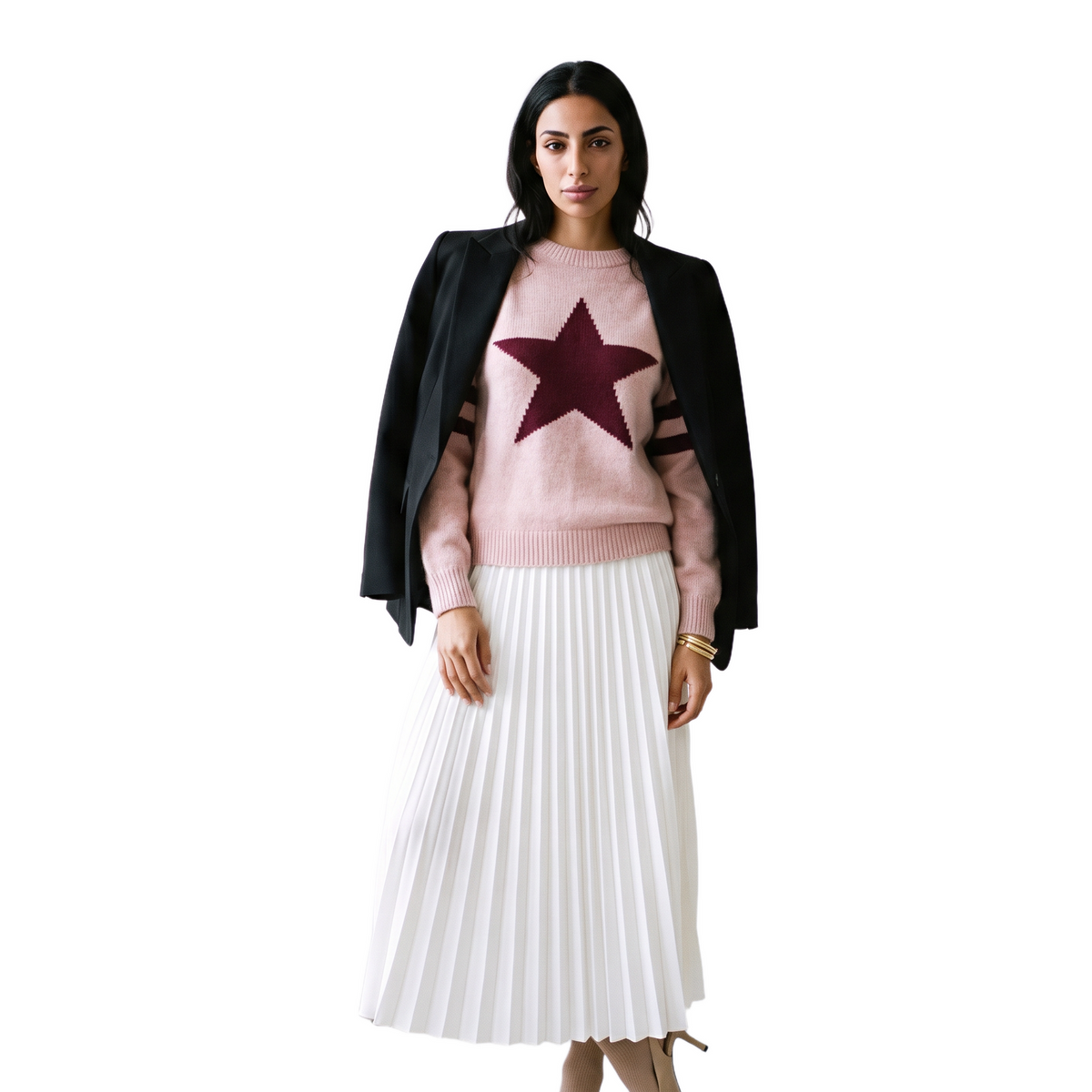 Sunoire european american style five pointed star jacquard knit breathable women s sweater fall winter loose fit round neck pullover colorway pink front hero 01