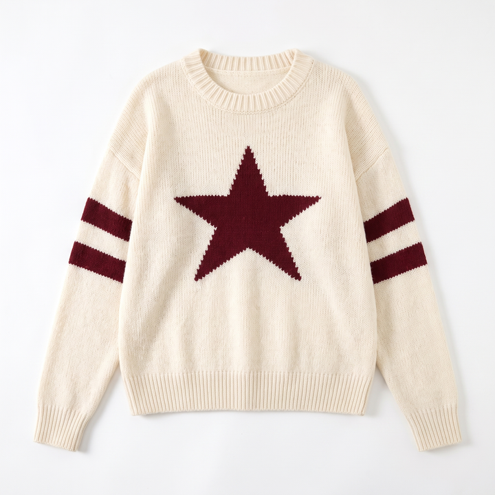 Sunoire european american style five pointed star jacquard knit breathable women s sweater fall winter loose fit round neck pullover garment flatlay 01