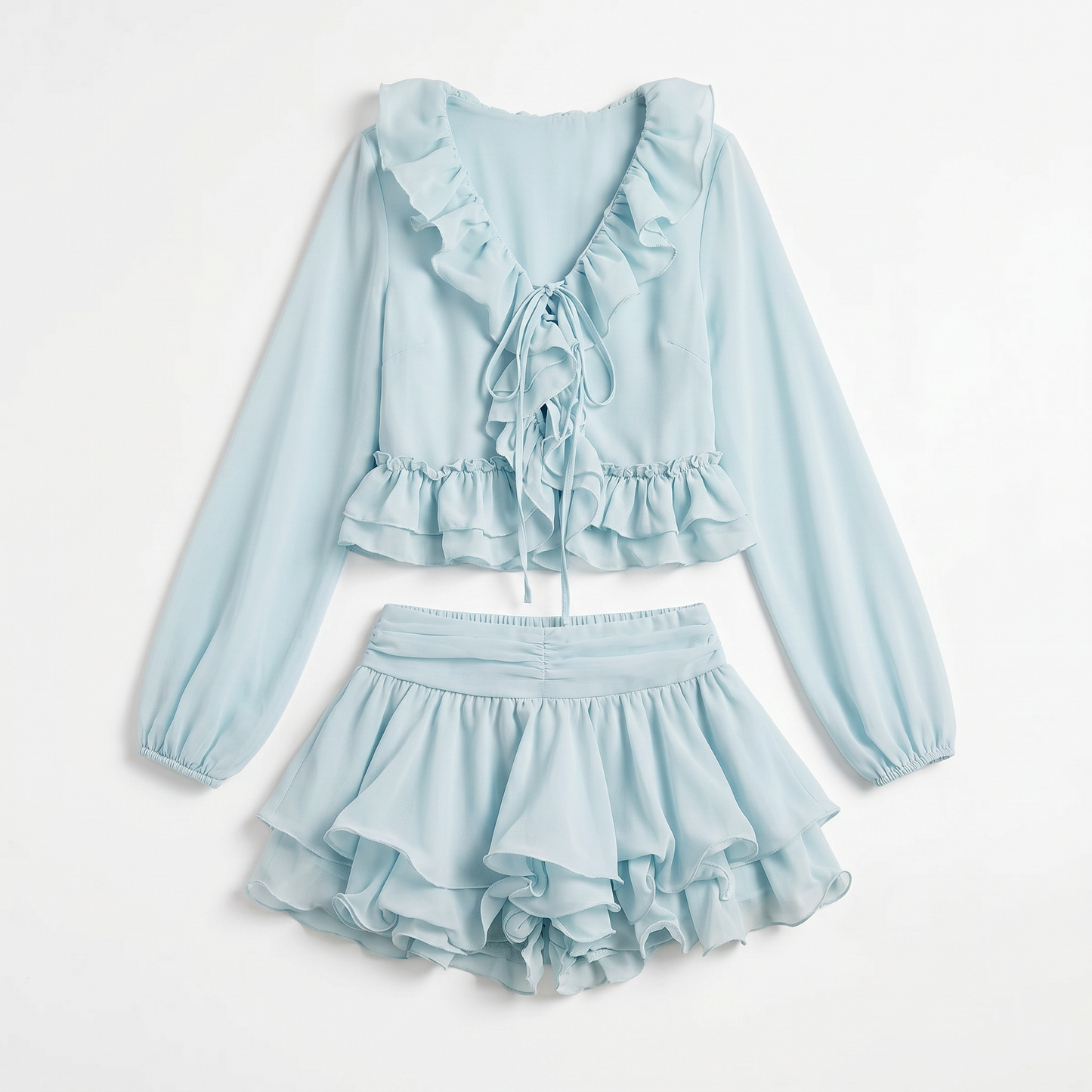 Sunoire evarn long sleeve ruffle skirt set mannequin blue 01