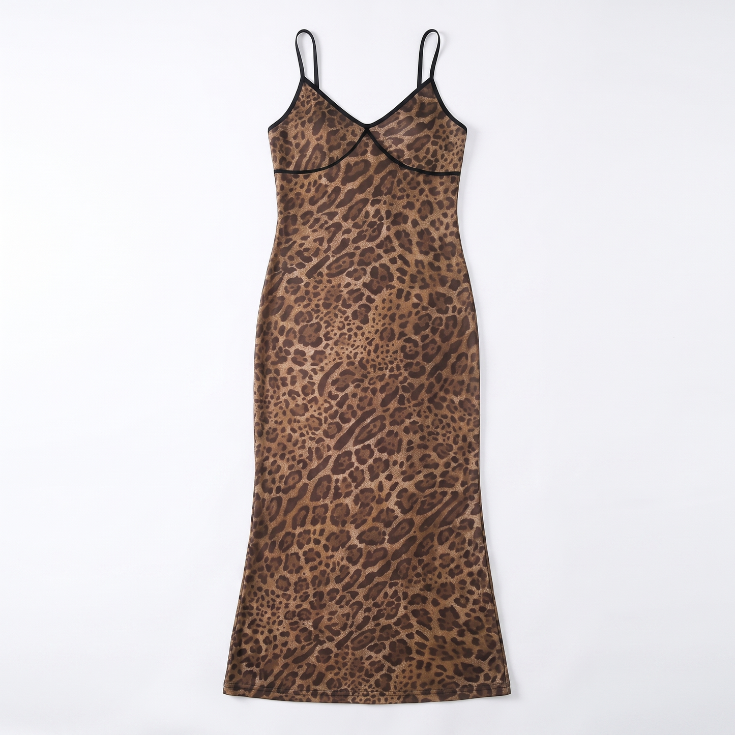 Sunoire fashionable sleeveless leopard v neck party backless bodycon women midi dress garment flatlay 01