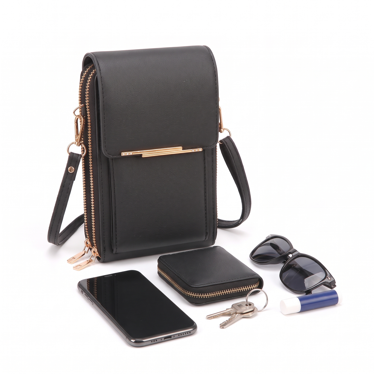 Structured Faux Leather Crossbody Bag, what fits inside