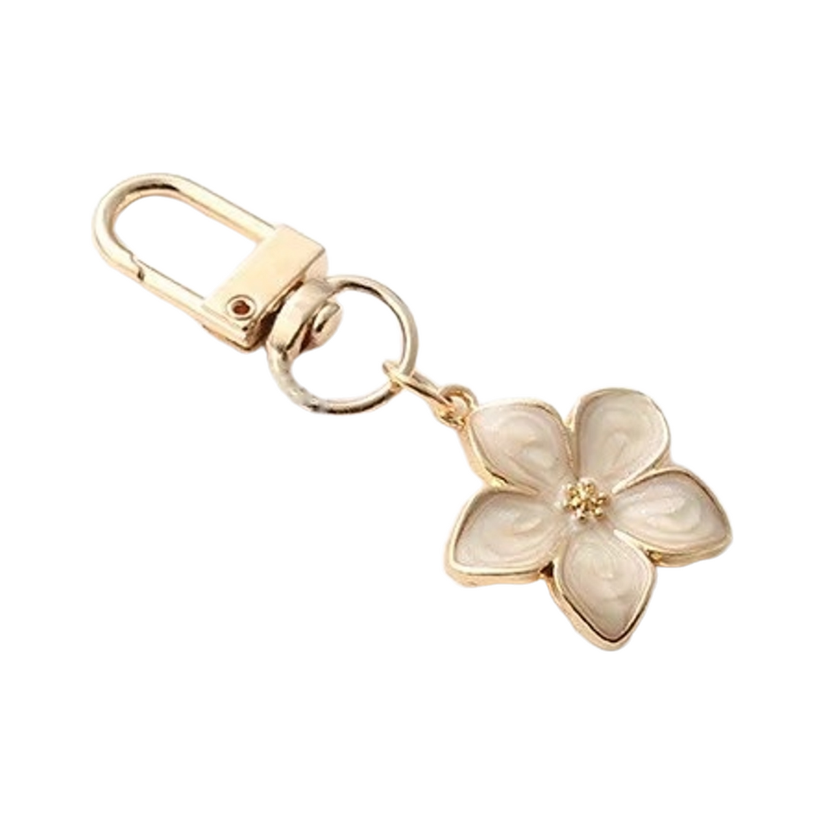 Cream enamel flower bag charm on a gold swivel clasp