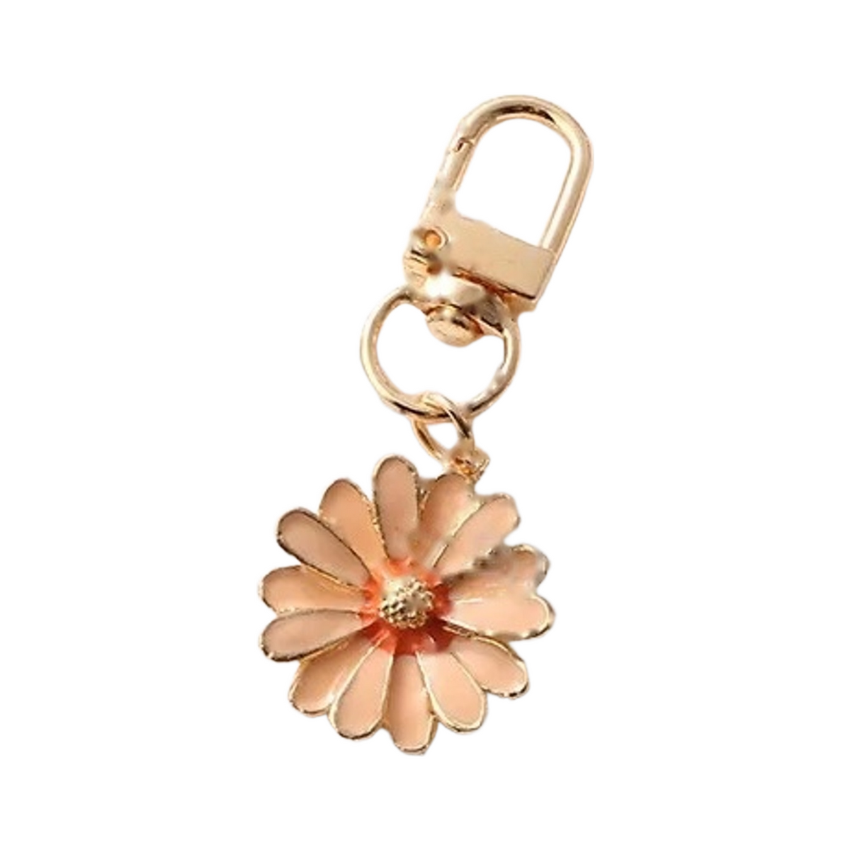 Peach enamel daisy bag charm on a gold swivel clasp